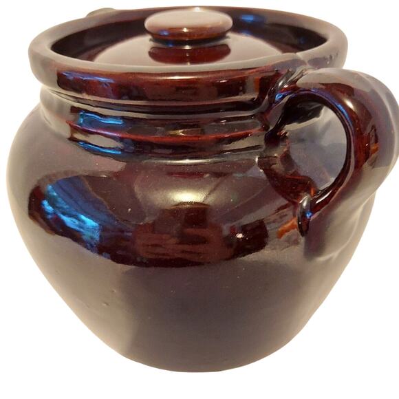 Bean Pot Brown Stoneware Ceramic Glazed 2 Handle Ovenproof w/Lid Antique Prim - Picture 3 of 16